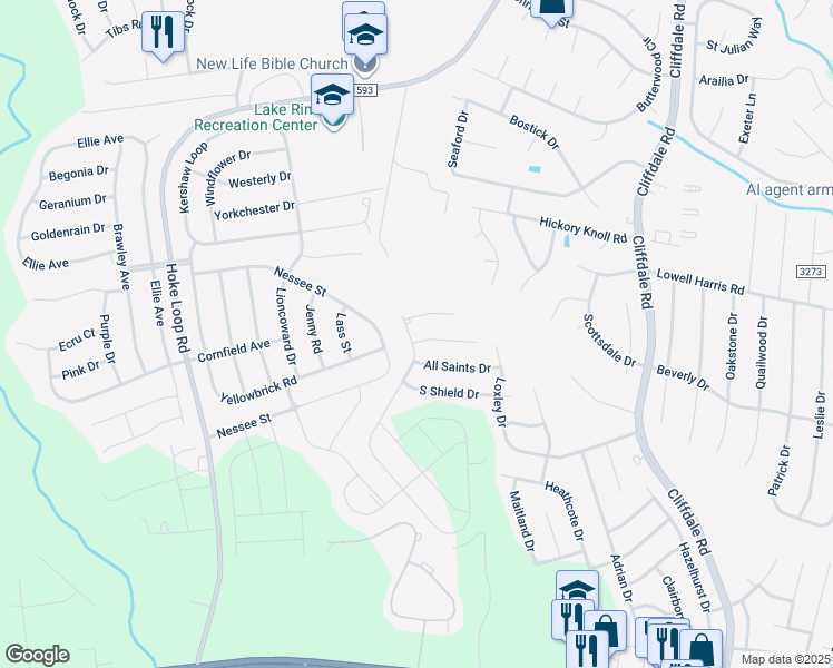map of restaurants, bars, coffee shops, grocery stores, and more near 1517 Stackhouse Drive in Fayetteville