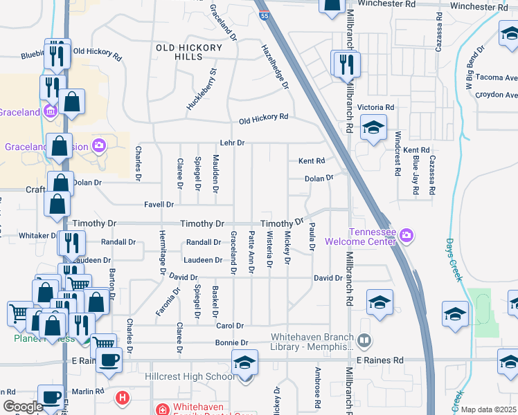 map of restaurants, bars, coffee shops, grocery stores, and more near 3866 Patte Ann Drive in Memphis