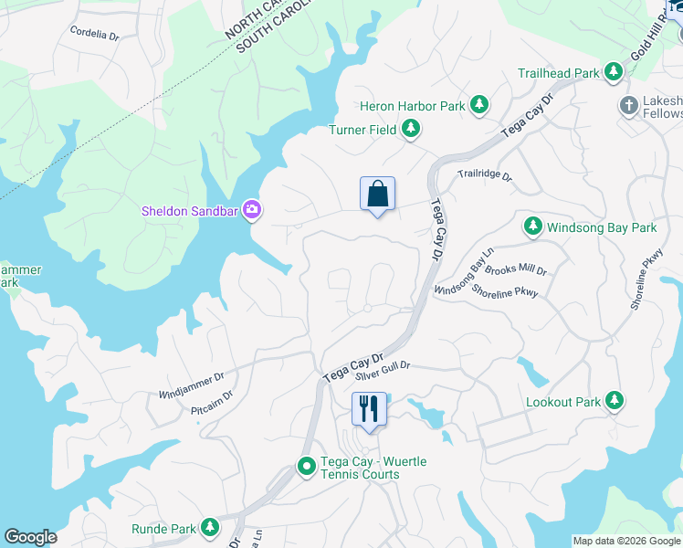 map of restaurants, bars, coffee shops, grocery stores, and more near 621 Pine Links Drive in Tega Cay
