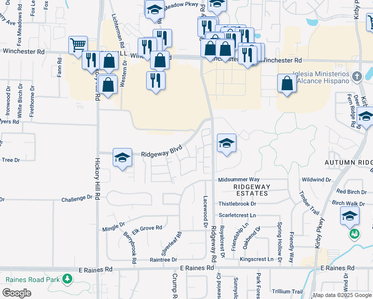 map of restaurants, bars, coffee shops, grocery stores, and more near 3860 Eaglewood Drive in Memphis