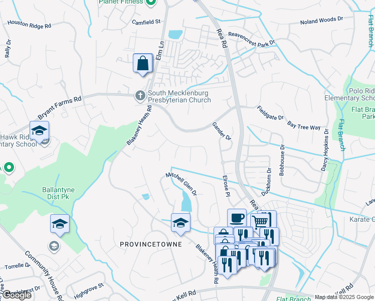 map of restaurants, bars, coffee shops, grocery stores, and more near 11733 Buckstone Lane in Charlotte