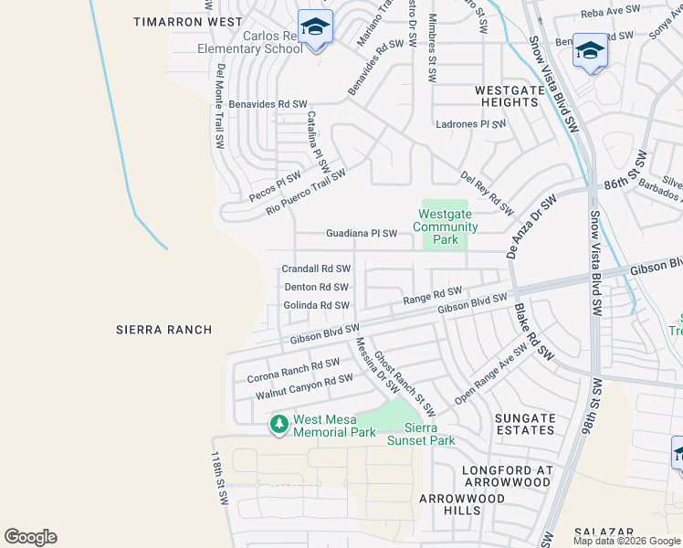map of restaurants, bars, coffee shops, grocery stores, and more near 10615 Denton Road Southwest in Albuquerque