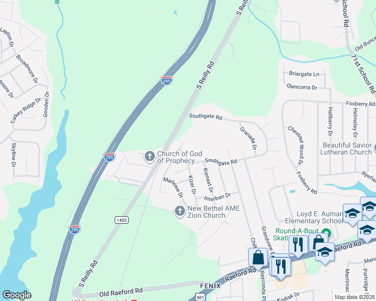 map of restaurants, bars, coffee shops, grocery stores, and more near 7313 Southgate Road in Fayetteville