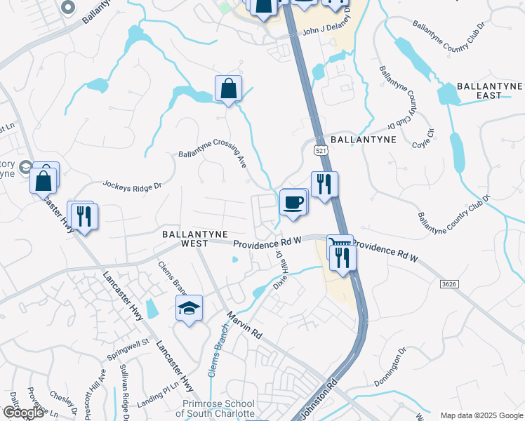 map of restaurants, bars, coffee shops, grocery stores, and more near 11006 Dundarrach Lane in Charlotte