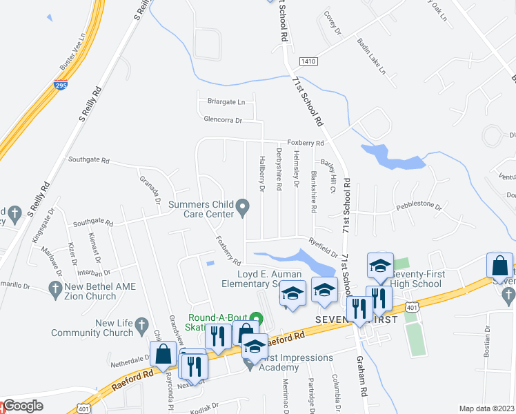 map of restaurants, bars, coffee shops, grocery stores, and more near 1174 Hallberry Drive in Fayetteville