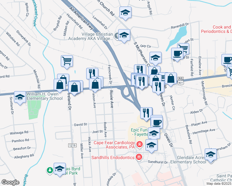map of restaurants, bars, coffee shops, grocery stores, and more near 3611 Raeford Road in Fayetteville