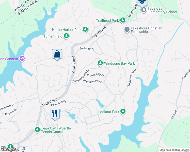 map of restaurants, bars, coffee shops, grocery stores, and more near 366 Shoreline Parkway in Tega Cay