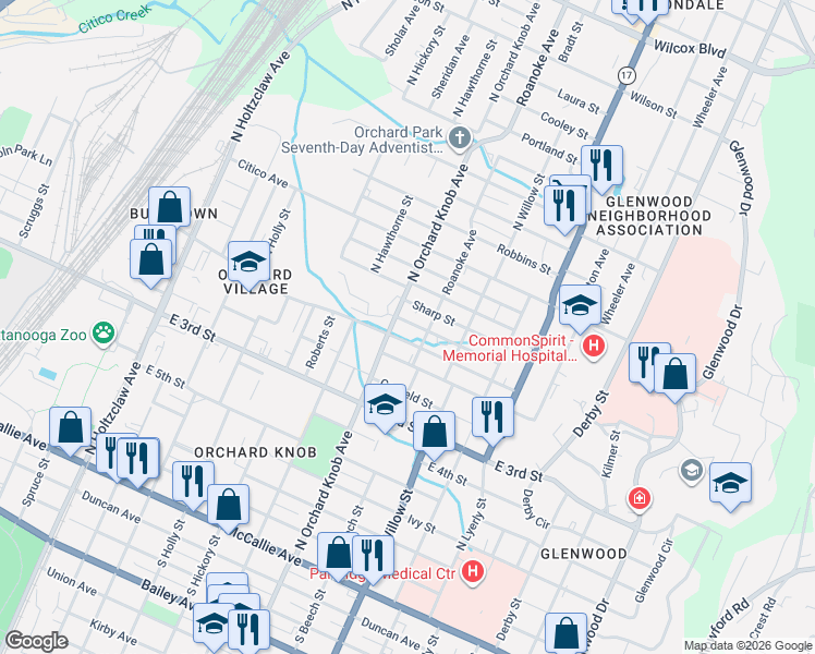 map of restaurants, bars, coffee shops, grocery stores, and more near 1905 Cleveland Avenue in Chattanooga