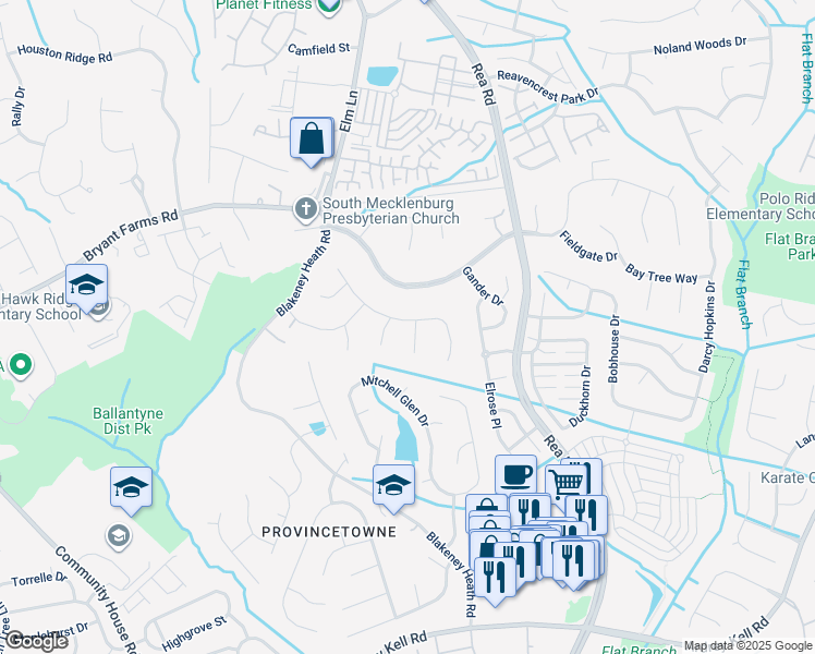 map of restaurants, bars, coffee shops, grocery stores, and more near 11733 Buckstone Lane in Charlotte