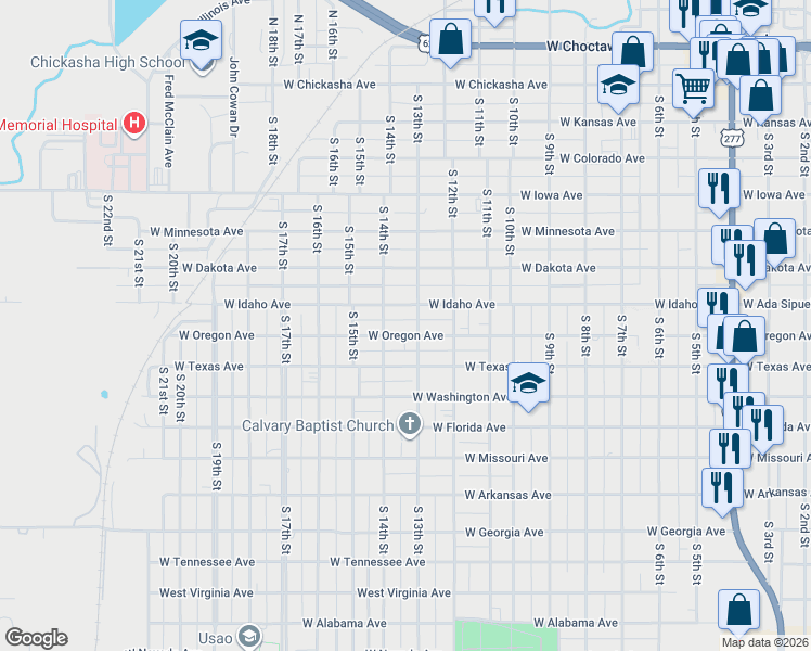 map of restaurants, bars, coffee shops, grocery stores, and more near 1320 West Oregon Avenue in Chickasha
