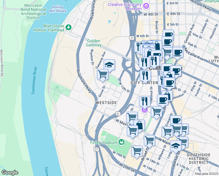 map of restaurants, bars, coffee shops, grocery stores, and more near Cypress Street Court in Chattanooga