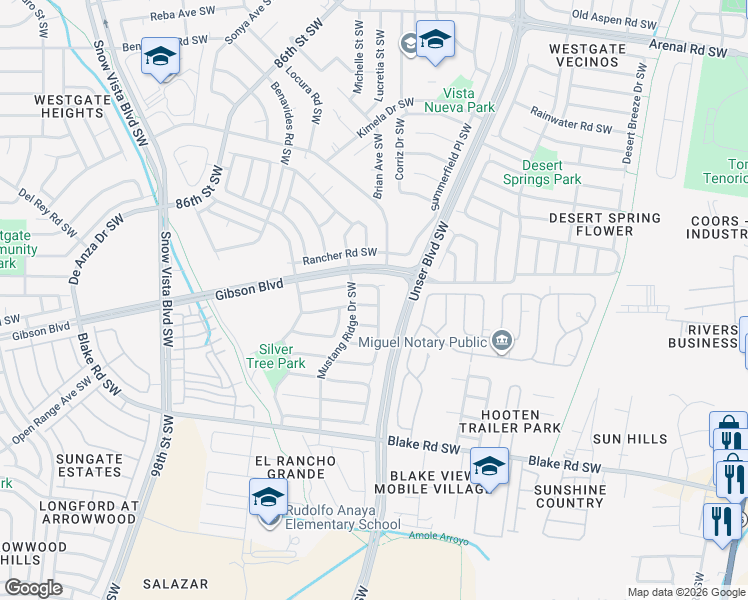 map of restaurants, bars, coffee shops, grocery stores, and more near 8401 Winter Sage Road Southwest in Albuquerque