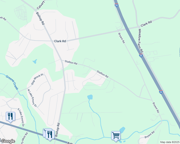 map of restaurants, bars, coffee shops, grocery stores, and more near 224 Stallion Road in Inman