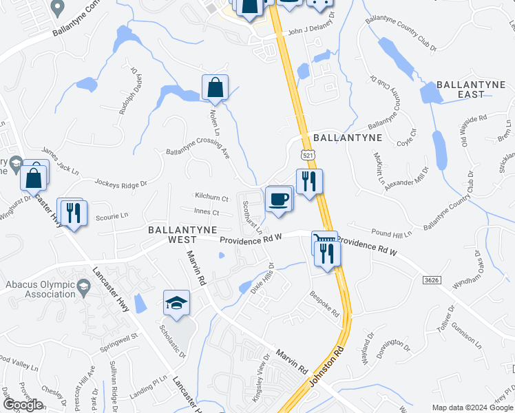 map of restaurants, bars, coffee shops, grocery stores, and more near 11038 Dundarrach Lane in Charlotte