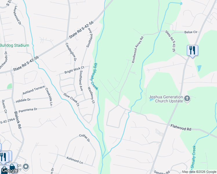 map of restaurants, bars, coffee shops, grocery stores, and more near 1205 Knollwood Acres Road in Boiling Springs