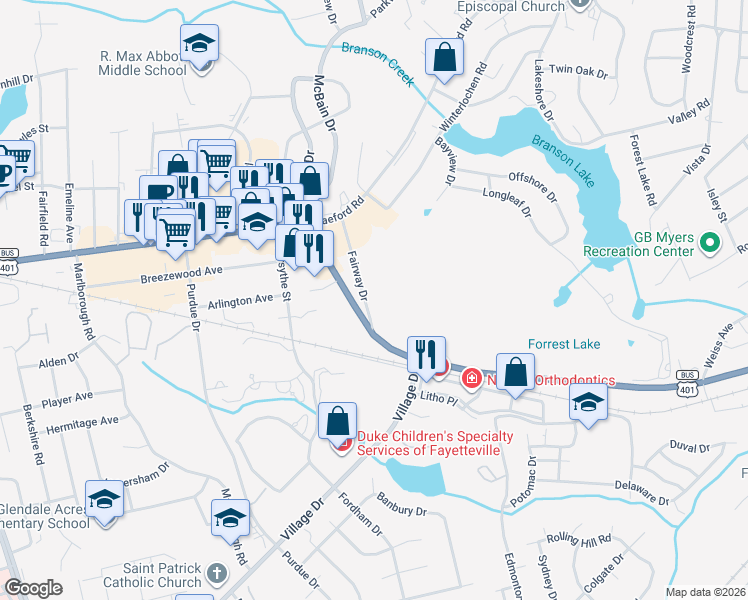 map of restaurants, bars, coffee shops, grocery stores, and more near 211 Fairway Drive in Fayetteville