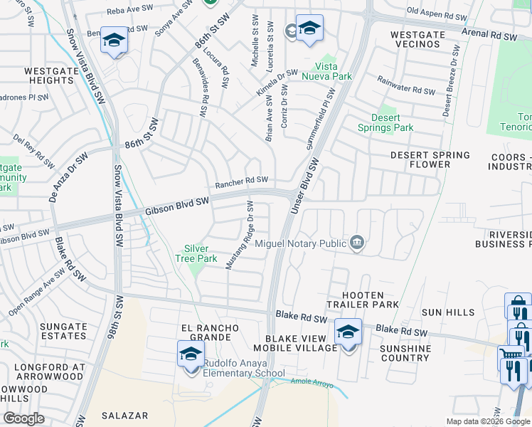 map of restaurants, bars, coffee shops, grocery stores, and more near 8400 Winter Sage Road Southwest in Albuquerque