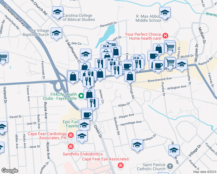 map of restaurants, bars, coffee shops, grocery stores, and more near 1036 Ancestry Drive in Fayetteville