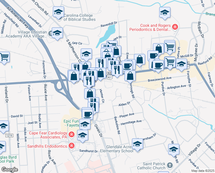 map of restaurants, bars, coffee shops, grocery stores, and more near 113 Hunter Circle in Fayetteville