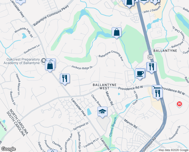 map of restaurants, bars, coffee shops, grocery stores, and more near 11716 Hawick Valley Lane in Charlotte