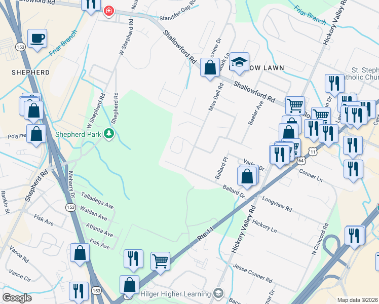 map of restaurants, bars, coffee shops, grocery stores, and more near 6726 Kenton Ridge Circle in Chattanooga