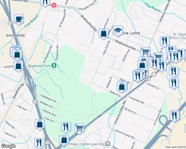map of restaurants, bars, coffee shops, grocery stores, and more near 6726 Kenton Ridge Circle in Chattanooga