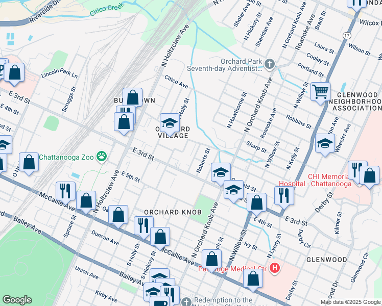map of restaurants, bars, coffee shops, grocery stores, and more near 1623 Hickory Place in Chattanooga