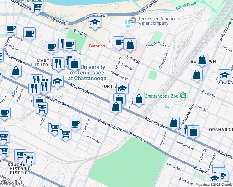 map of restaurants, bars, coffee shops, grocery stores, and more near 918 Oak Street in Chattanooga