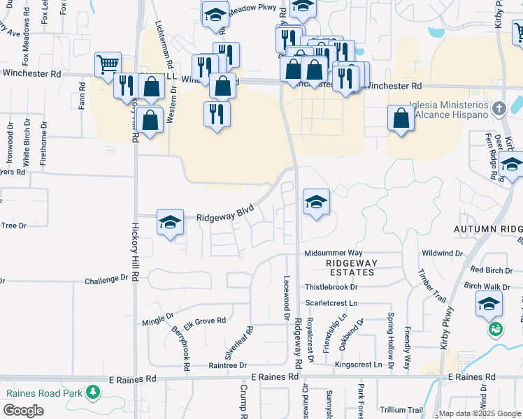 map of restaurants, bars, coffee shops, grocery stores, and more near 3860 Eaglewood Drive in Memphis