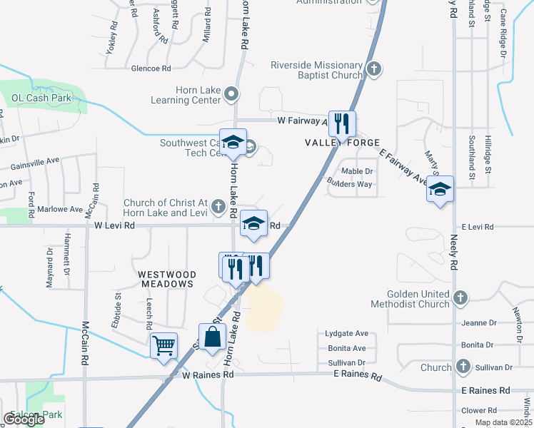 map of restaurants, bars, coffee shops, grocery stores, and more near 106 West Levi Road in Memphis