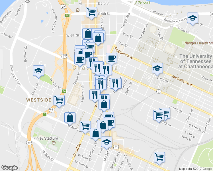 map of restaurants, bars, coffee shops, grocery stores, and more near E 11th St & Lindsay St in Chattanooga