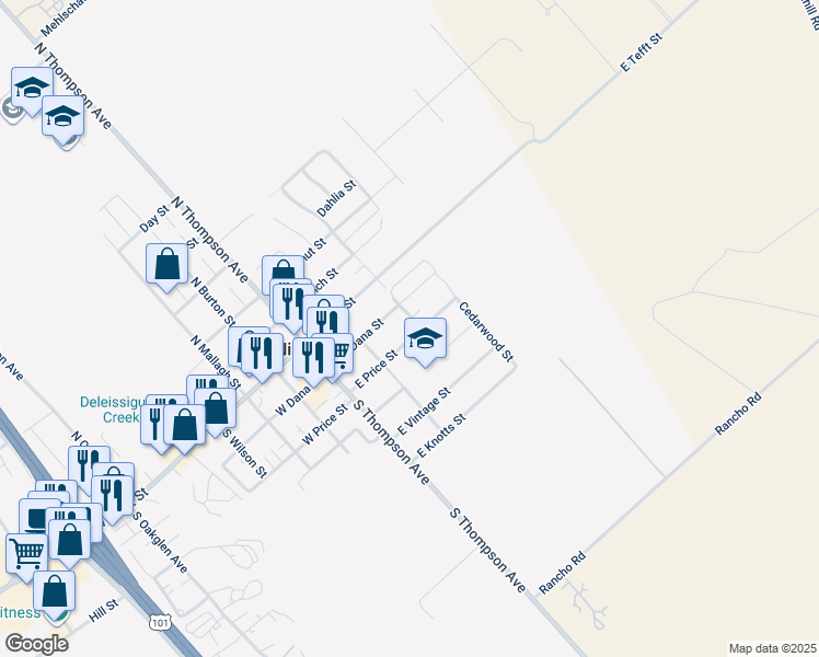 map of restaurants, bars, coffee shops, grocery stores, and more near 195 East Price Street in Nipomo
