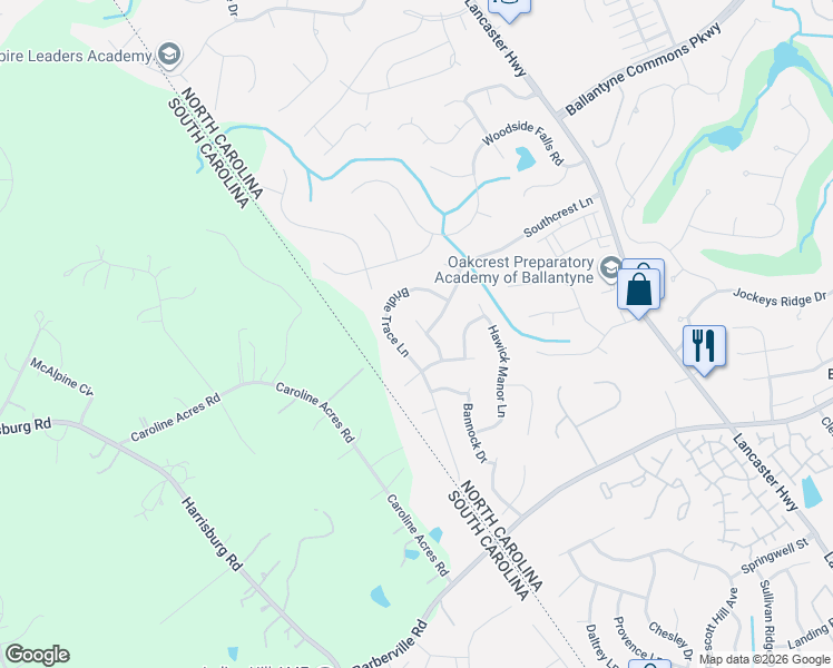 map of restaurants, bars, coffee shops, grocery stores, and more near 14811 Bridle Trace Lane in Pineville