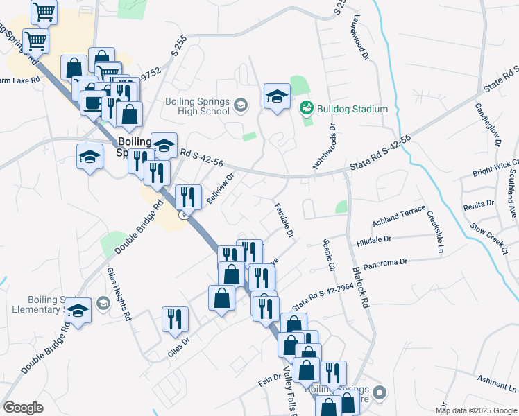 map of restaurants, bars, coffee shops, grocery stores, and more near 105 Chris Lane in Boiling Springs