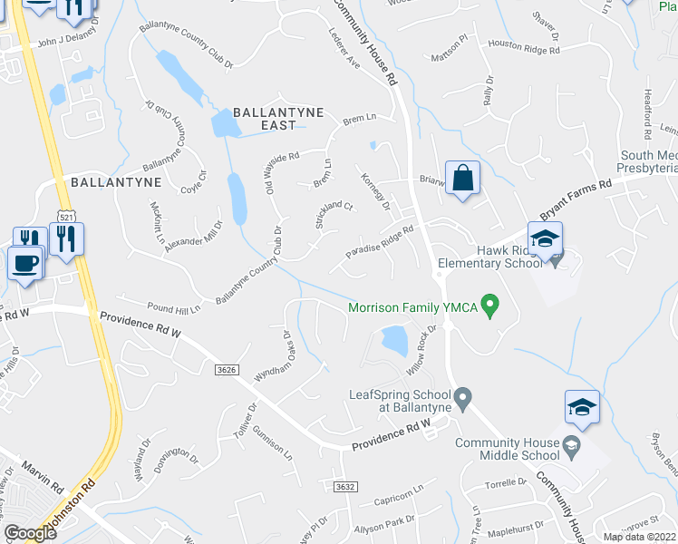 map of restaurants, bars, coffee shops, grocery stores, and more near 10121 Paradise Ridge Road in Charlotte