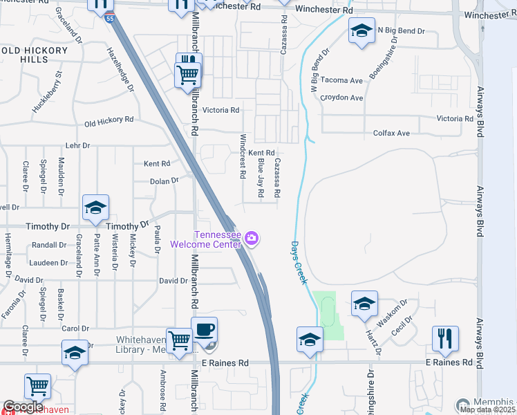 map of restaurants, bars, coffee shops, grocery stores, and more near 1827 Dale Lavern Road in Memphis