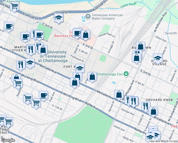 map of restaurants, bars, coffee shops, grocery stores, and more near 609 O Neal Street in Chattanooga