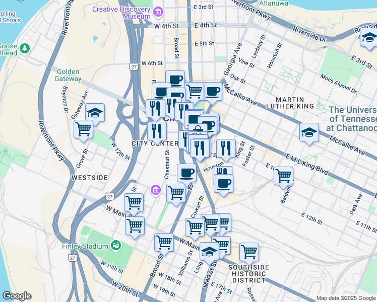 map of restaurants, bars, coffee shops, grocery stores, and more near 1101 Market Street in Chattanooga