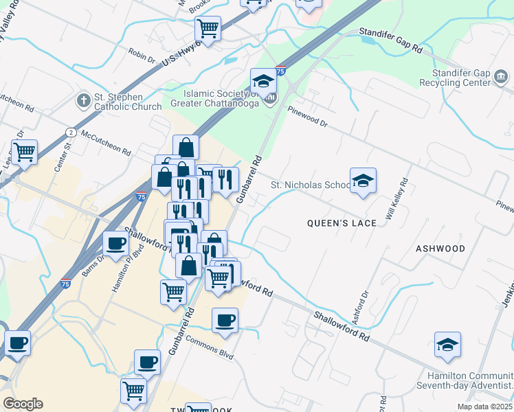 map of restaurants, bars, coffee shops, grocery stores, and more near 7425 Summertown Court in Chattanooga