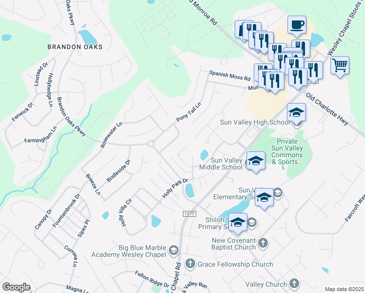 map of restaurants, bars, coffee shops, grocery stores, and more near 2249 Shumard Circle in Indian Trail
