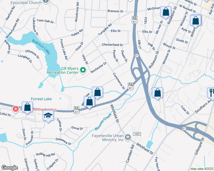 map of restaurants, bars, coffee shops, grocery stores, and more near 907 Weiss Avenue in Fayetteville