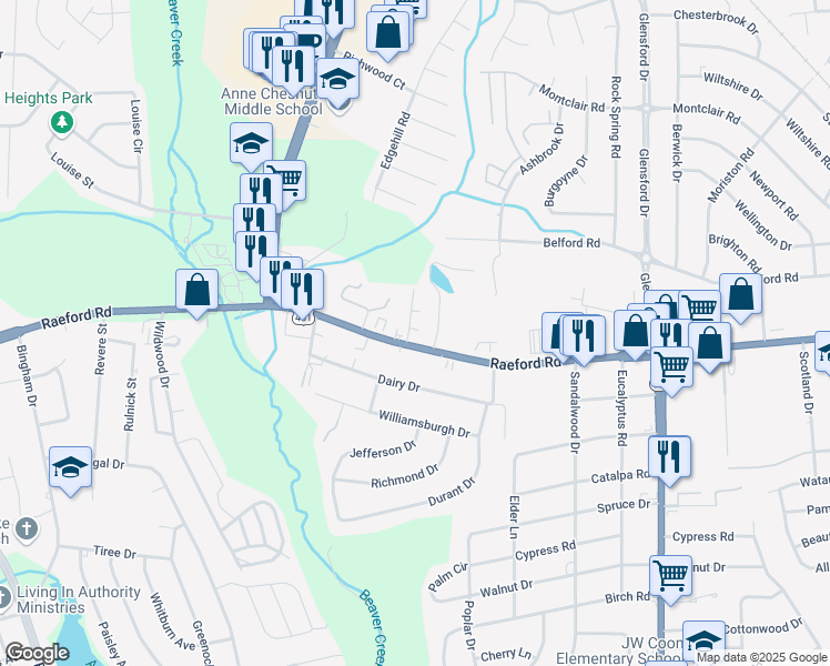 map of restaurants, bars, coffee shops, grocery stores, and more near 122 Cindy Drive in Fayetteville