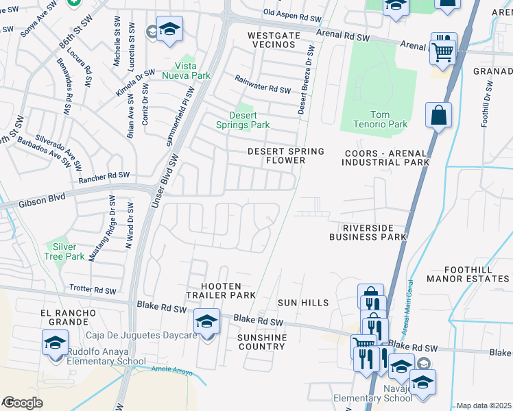map of restaurants, bars, coffee shops, grocery stores, and more near 2517 Sancho Panza Way Southwest in Albuquerque
