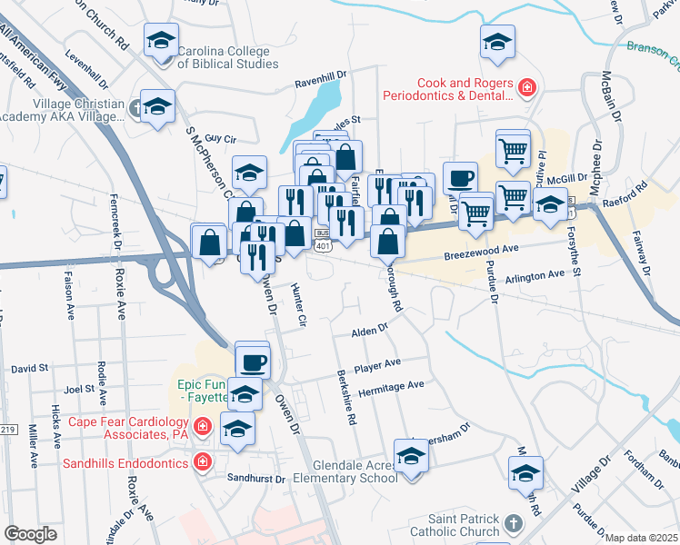 map of restaurants, bars, coffee shops, grocery stores, and more near 1036 Ancestry Drive in Fayetteville