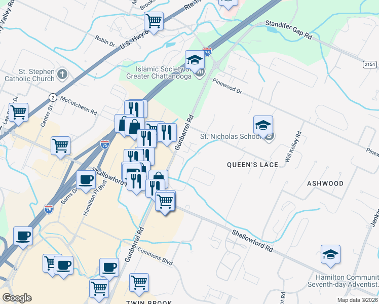map of restaurants, bars, coffee shops, grocery stores, and more near 7425 Summertown Court in Chattanooga