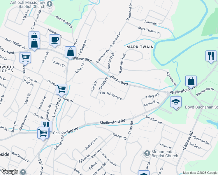 map of restaurants, bars, coffee shops, grocery stores, and more near 3817 Pin Oak Terrace in Chattanooga