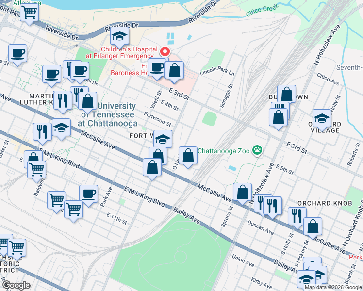 map of restaurants, bars, coffee shops, grocery stores, and more near 609 O Neal Street in Chattanooga