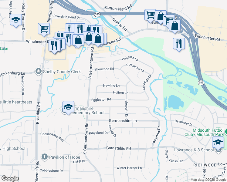 map of restaurants, bars, coffee shops, grocery stores, and more near 7307 Hollorn Lane in Memphis