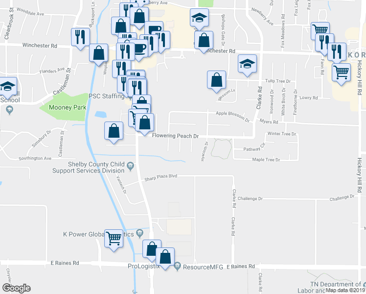 map of restaurants, bars, coffee shops, grocery stores, and more near 3875 Apricot Cove in Memphis