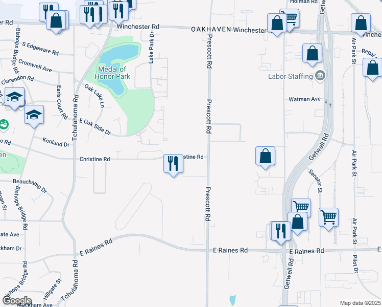 map of restaurants, bars, coffee shops, grocery stores, and more near 3871 Prescott Road in Memphis